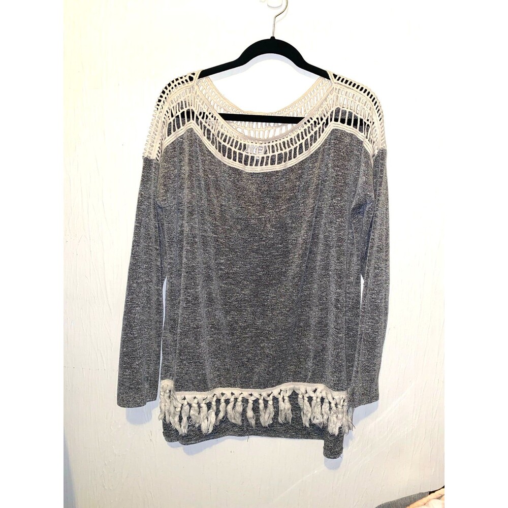 Entro Boho Crochet Lace Yoke Fringe Hem Melange Knit Tunic Sweater Gray Large